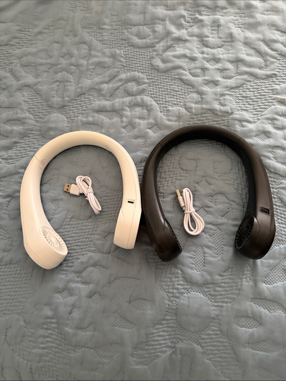 Portable Neck Fans - White and Dark Brown (Pair)
